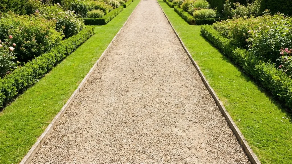 straight garden path running through a garden with plantings on both sides