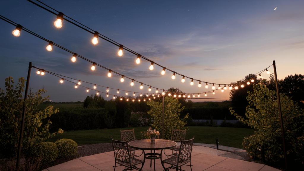 string lights glowing above a patio seating area at dusk, making the backyard usable and inviting after dark.