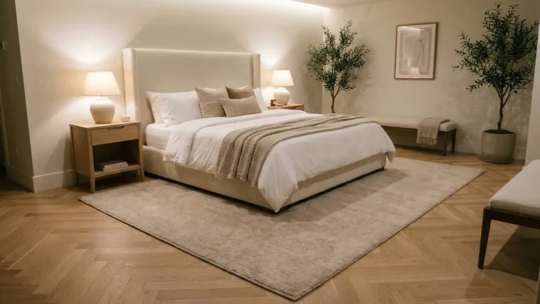 styled king bed with large area rug showing proper rug size and exposure on sides and foot of bed