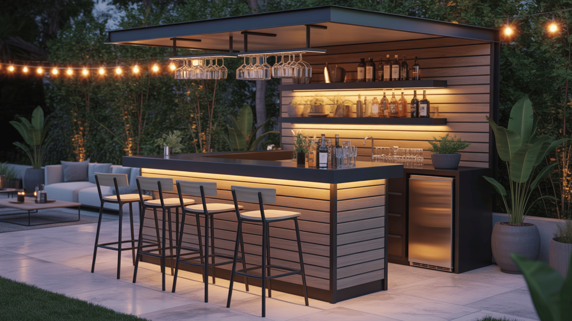 stylish outdoor bar with stools and mini-fridge for drinks