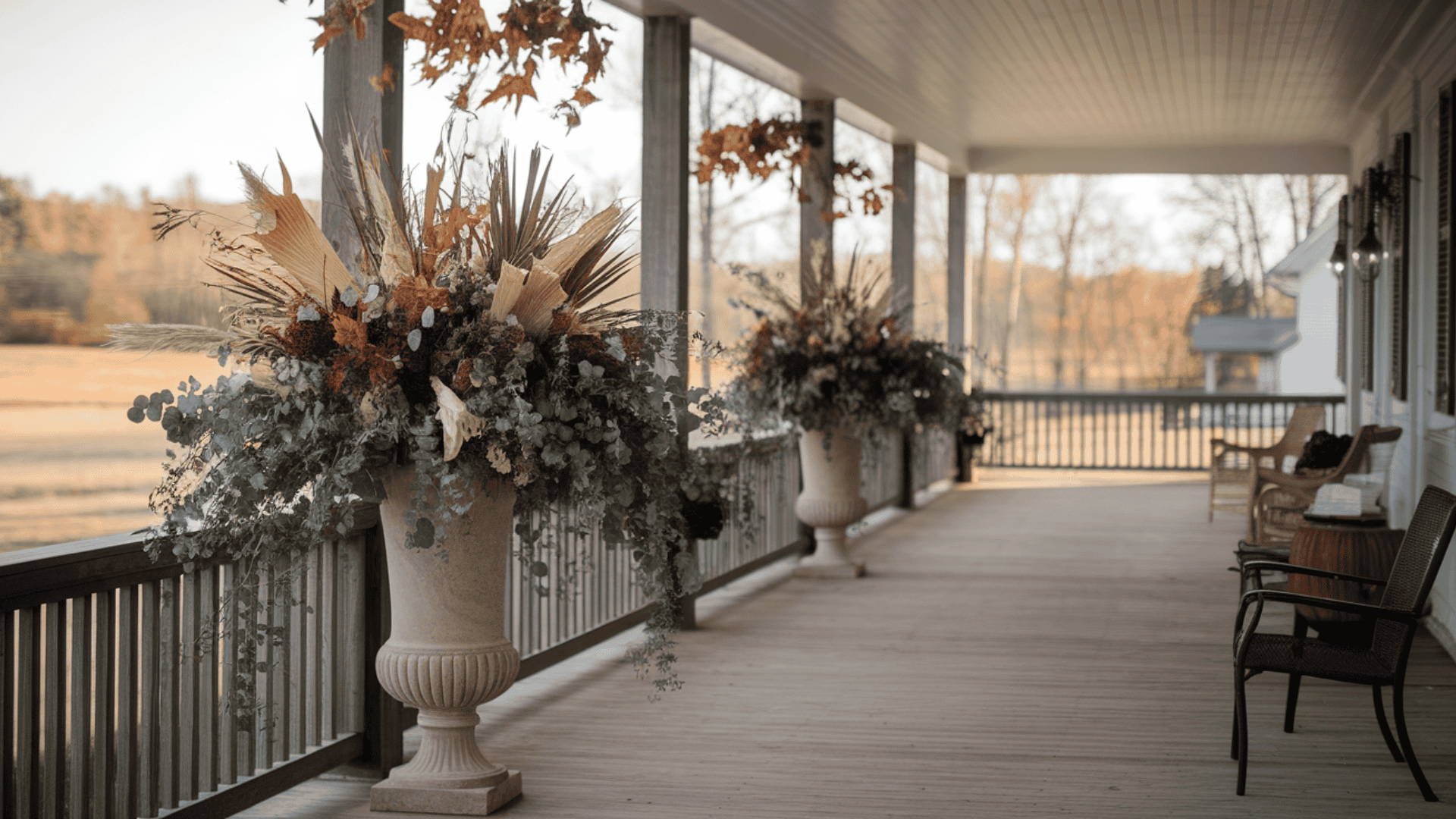 tall urns filled with eucalyptus and dried fall stems adding height to a farmhouse porch corner