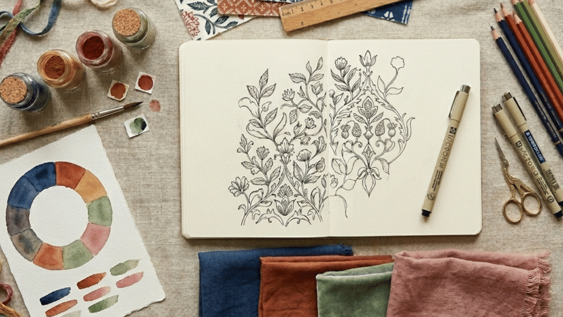 textile design flat-lay with sketchbook, fabric swatches, color wheel, dye jars, printed patterns and pencils on linen