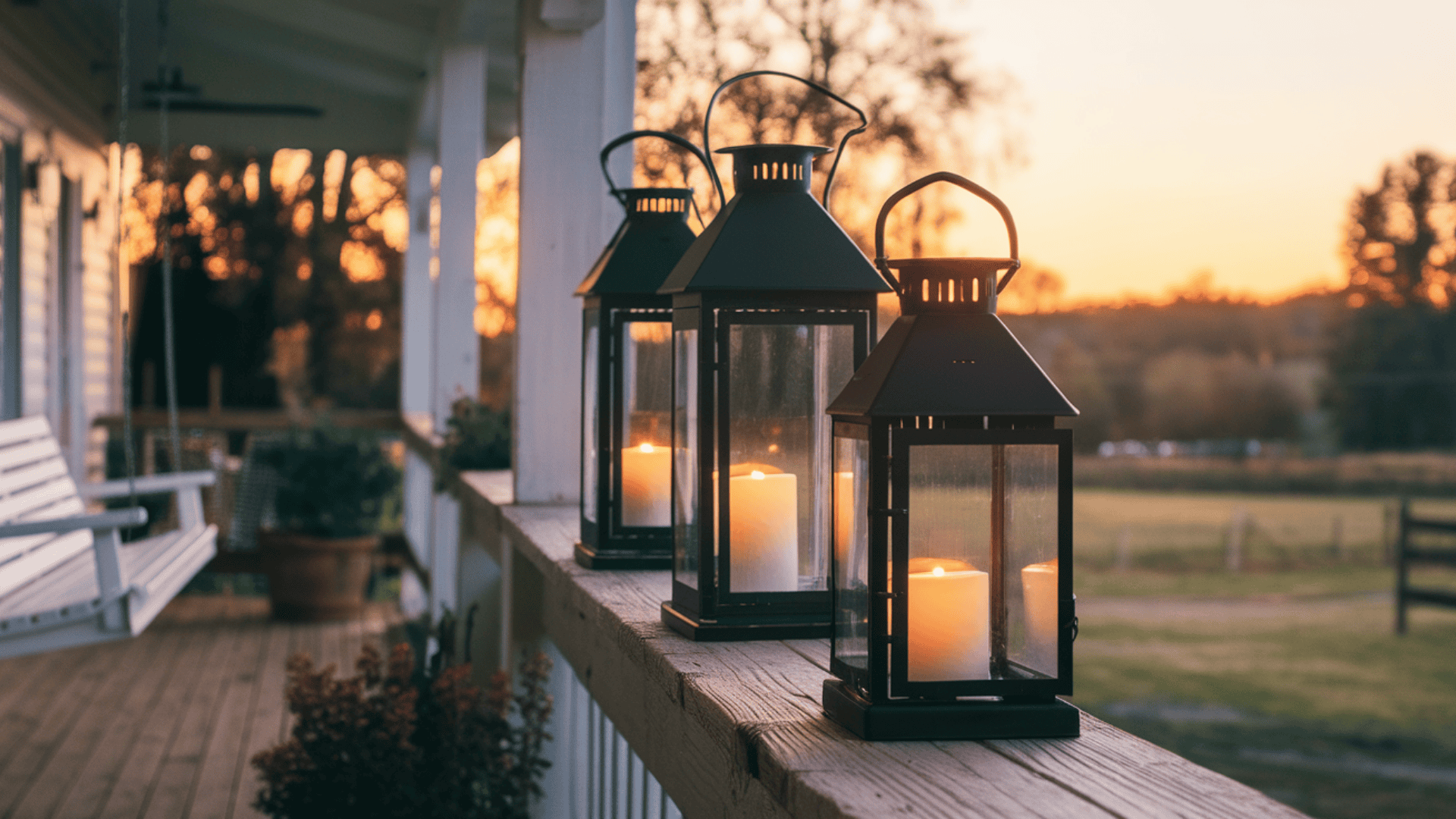 three black metal lanterns at varying heights glowing warmly on a farmhouse fall porch at dusk