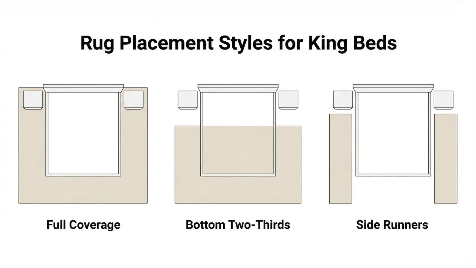 three king bed rug placement styles shown from above full coverage bottom two thirds and side runners