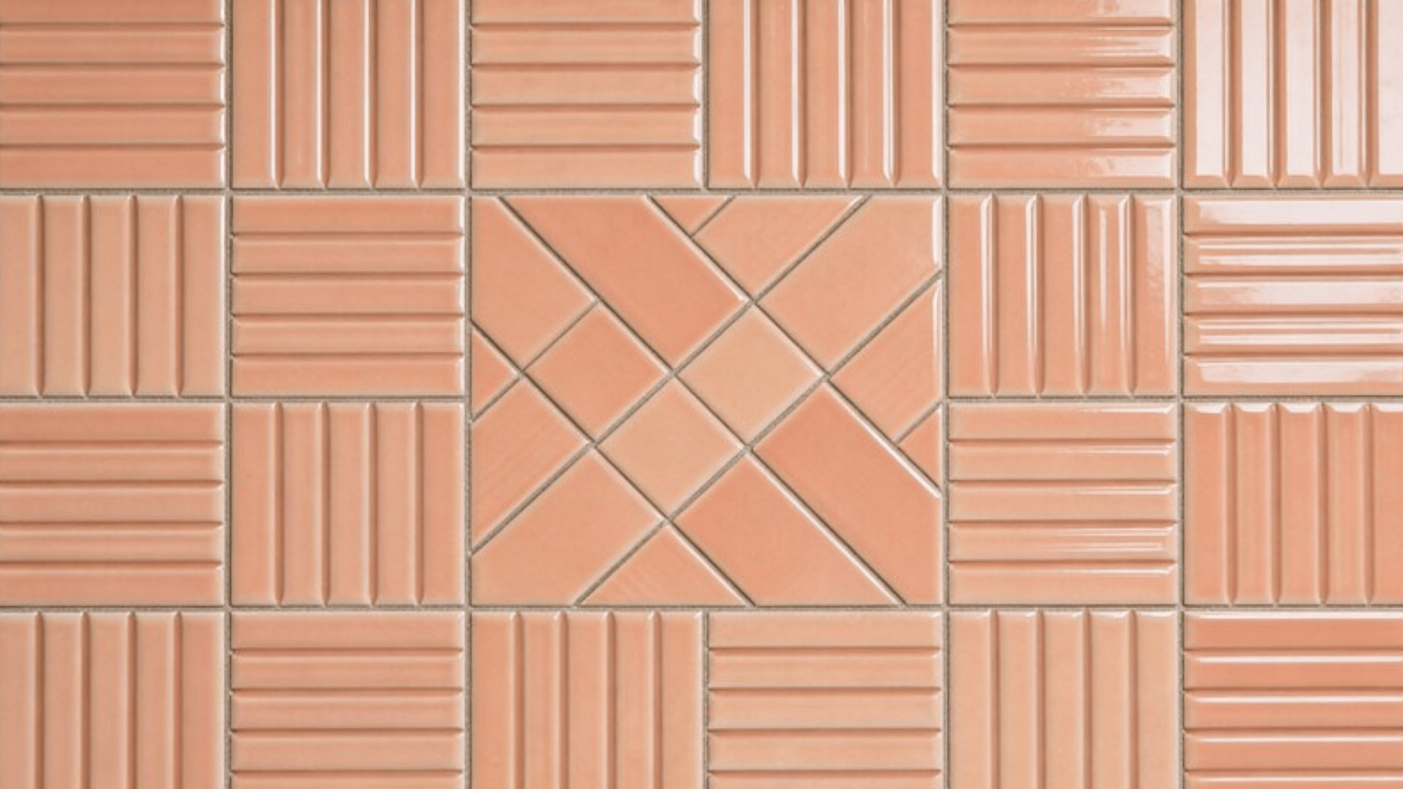 tile pattern, peach crosshatch woven tiles alternating horizontal and vertical, subtle texture, full bathroom wall