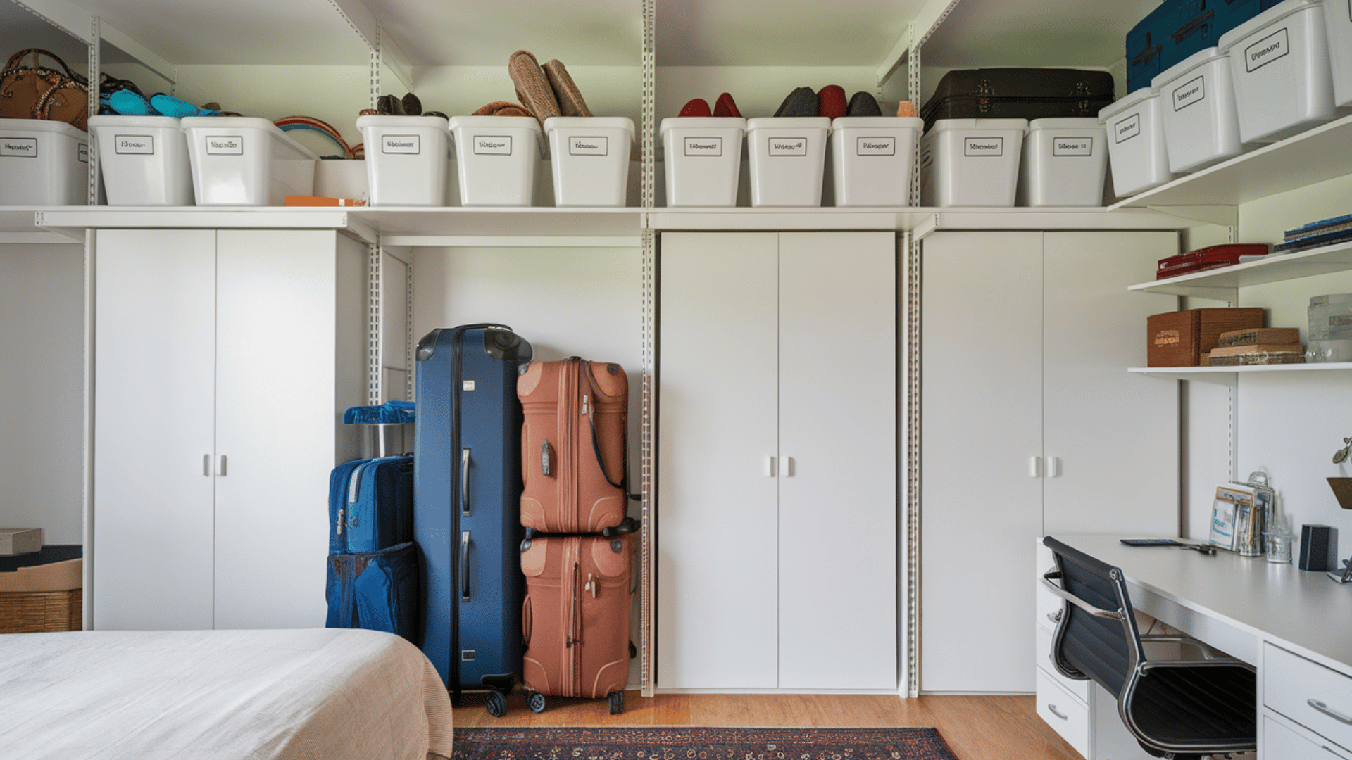 top shelving in closet for storing seasonal items, bulky luggage, and off-season clothes in labeled bins