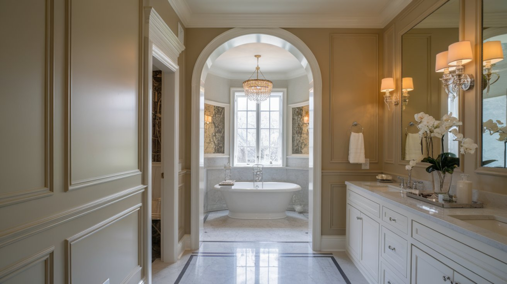 tradional raised panel wainscoting panels in bathroom