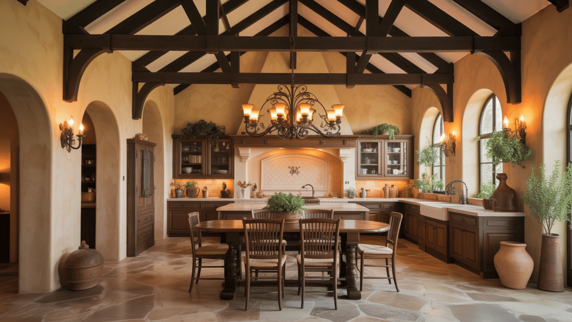 tuscan barn retreat kitchen with plaster walls, arched doorways, wrought iron chandeliers, and stone floors.