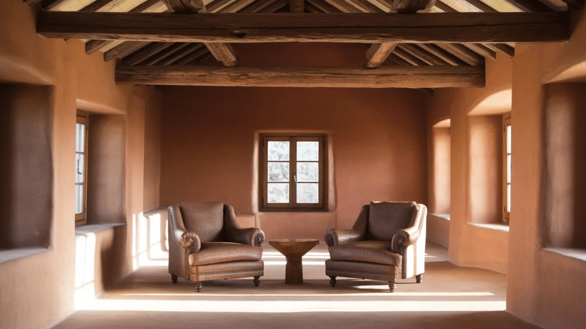 two brown armchairs in a rustic clay room with exposed wooden ceiling beams.