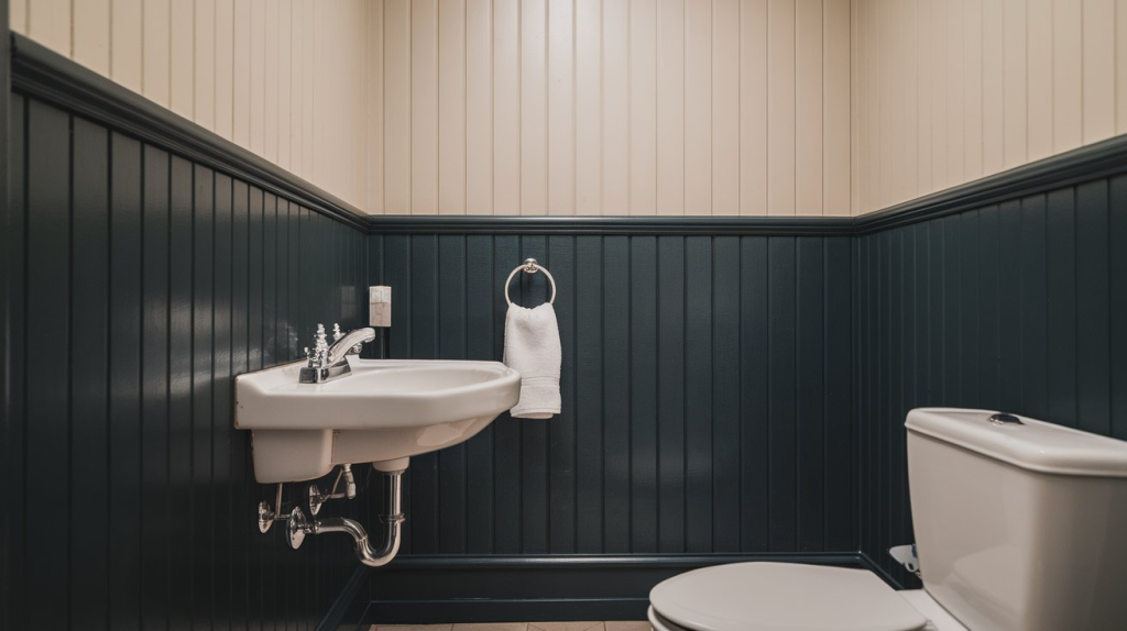 two tone wainscoating panels on a small bathroom walls