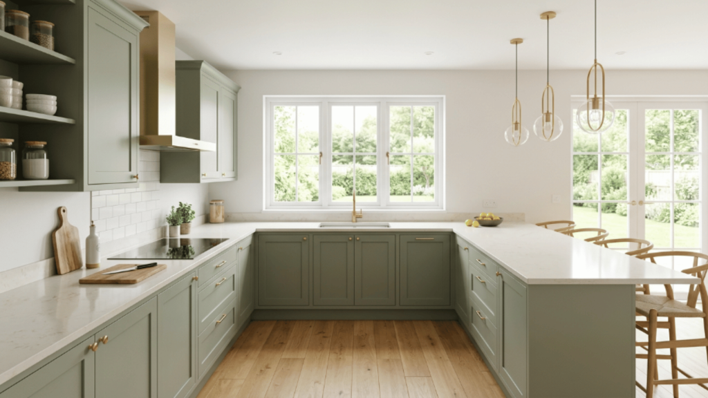 u shaped kitchen with sage green cabinets paired with white countertops bright space with natural light and gold accents