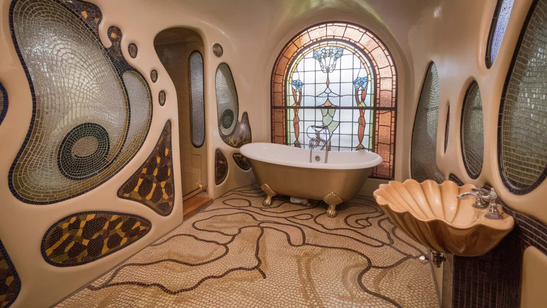 uniquely designed bathroom featuring mosaic walls and floors with organic, flowing patterns, complemented by a shell-shaped sink and a stained glass window