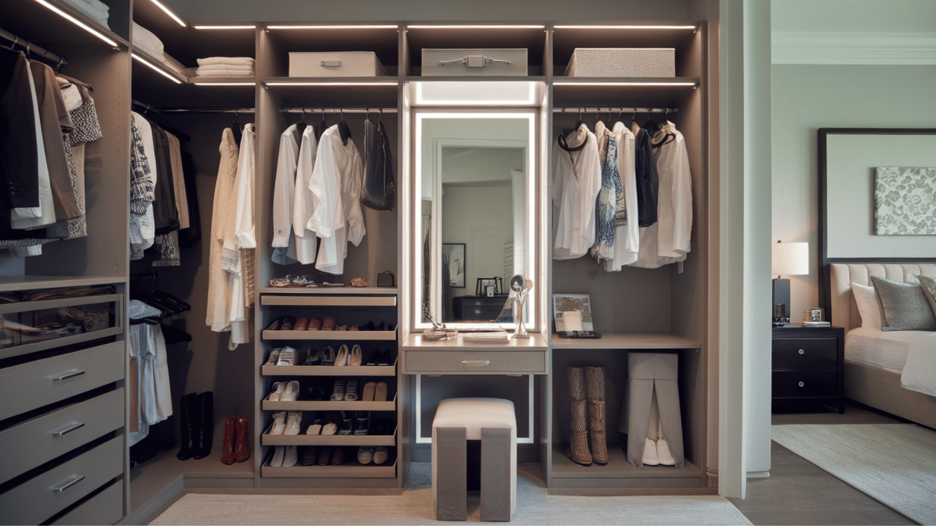 vanity closet with built-in mirrors, storage for cosmetics, and organized compartments for beauty products