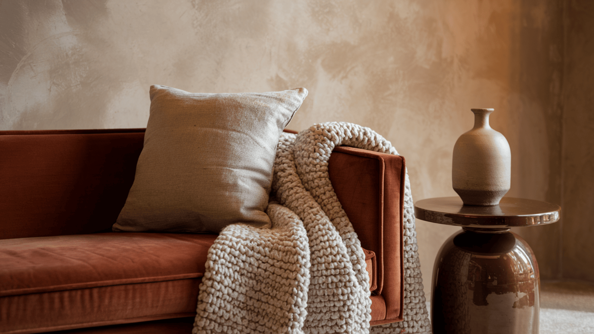 velvet sofa with linen cushion and knit throw next to a matte ceramic vase on a glossy wooden side table