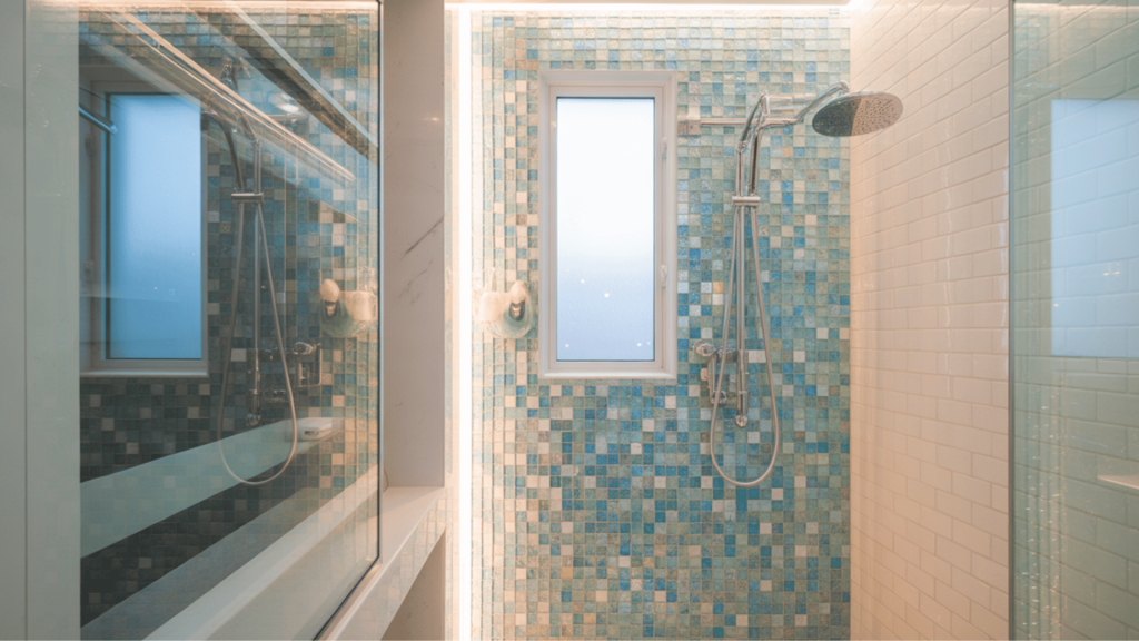 vibrant blue mosaic walk-in shower with sleek glass panels and a chrome showerhead.