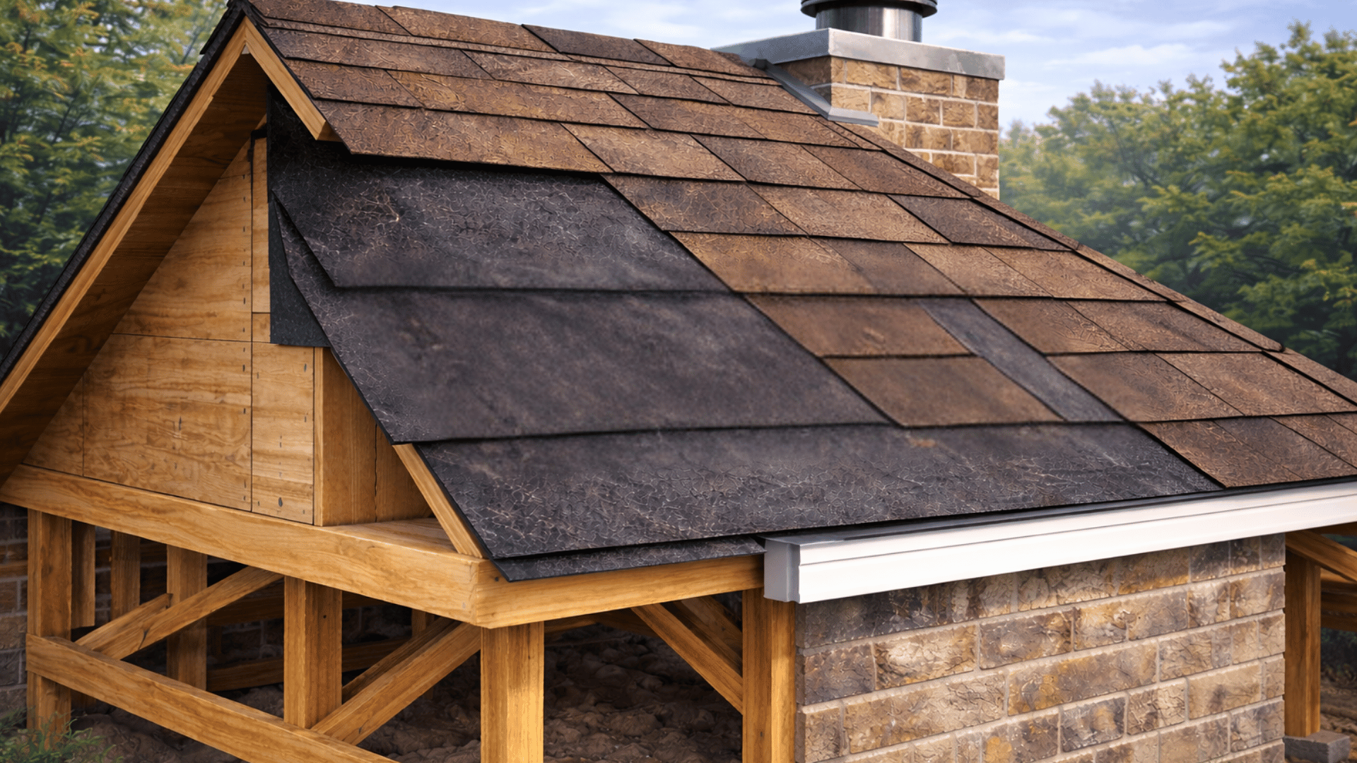 view of a roof showing shingles, and wooden framework.