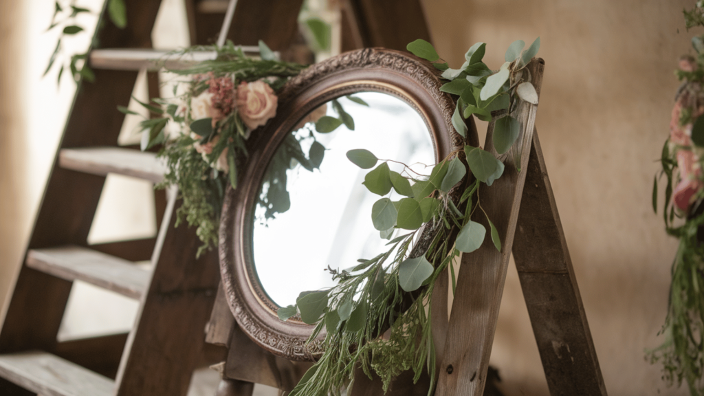 vintage mirror adorned with flowers, hanging from a wooden ladder at a rustic wedding.