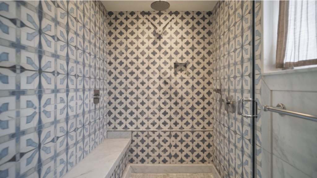walk-in shower with blue and gray patterned tiles, built-in bench, glass door, and rainfall showerhead.