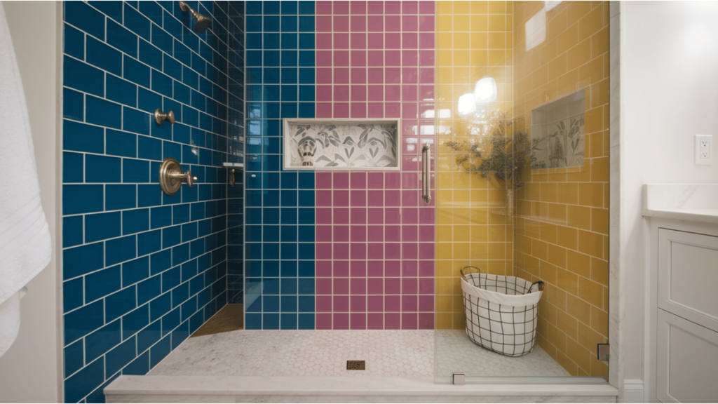 walk-in shower with bold blue, pink, and yellow tile walls, glass panel, and white hex tile floor.