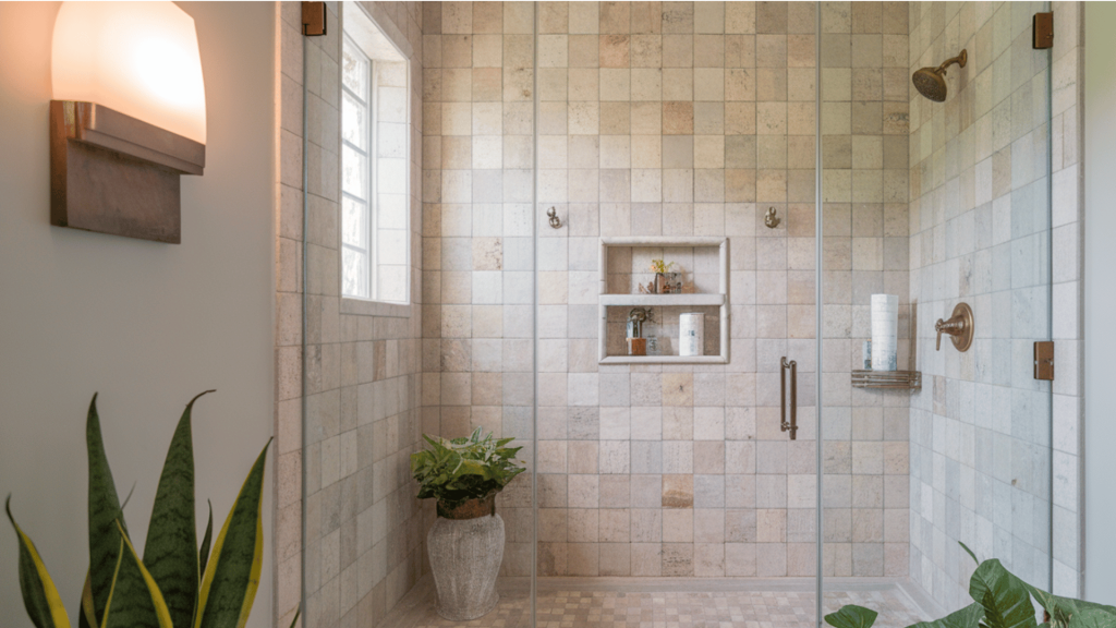 walk-in shower with light-colored textured tiles and plants.