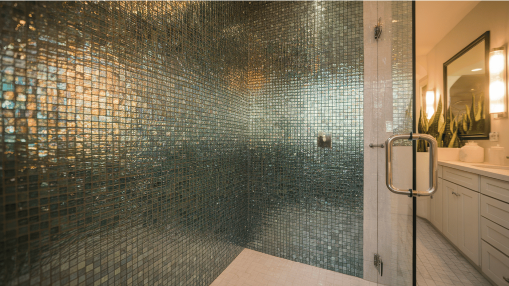 walk-in shower with shimmering green mosaic tiles and glass door.