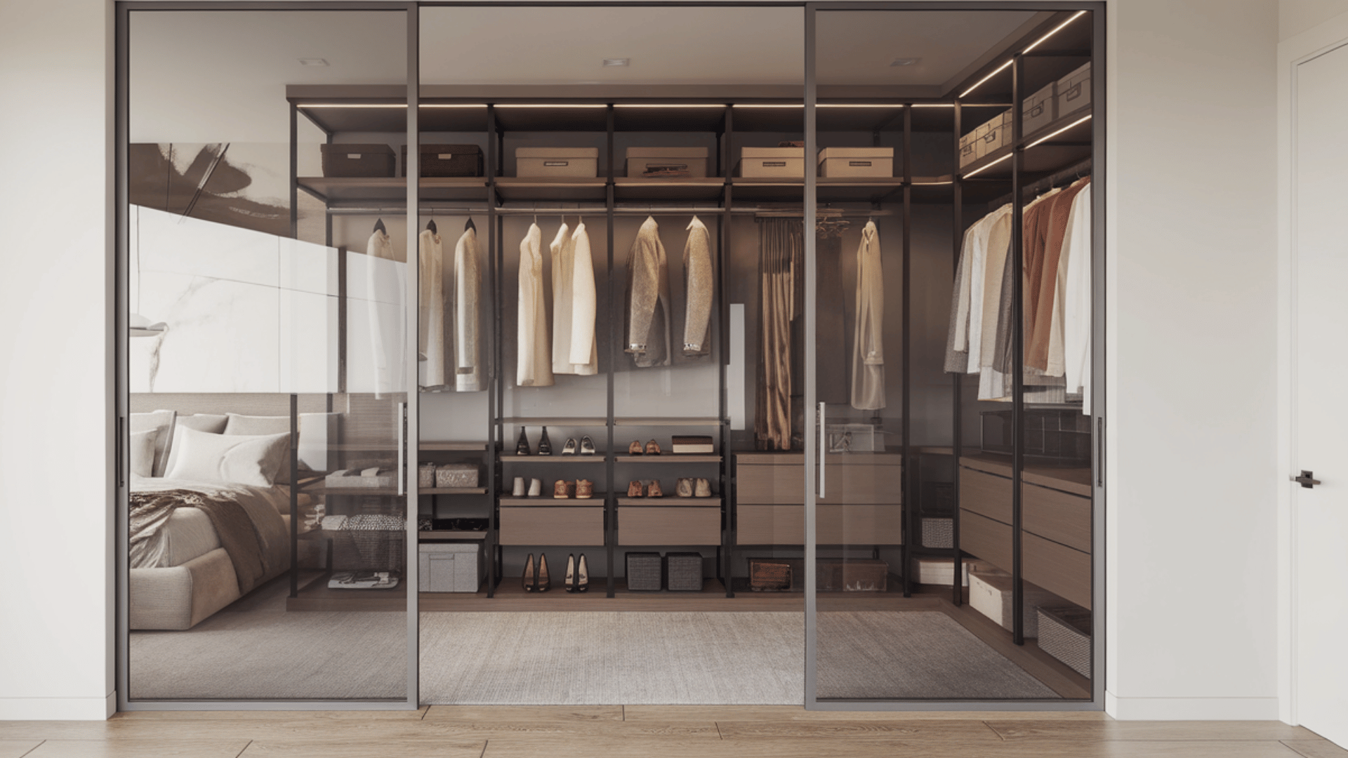 walk-through closet with open access on both sides, offering organized shelves and hanging spaces