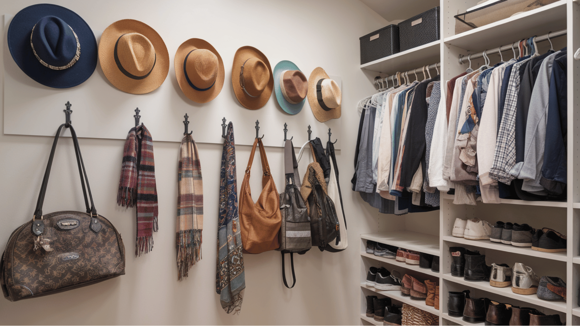 wall hooks in closet for storing accessories like hats, scarves, and bags, maximizing space