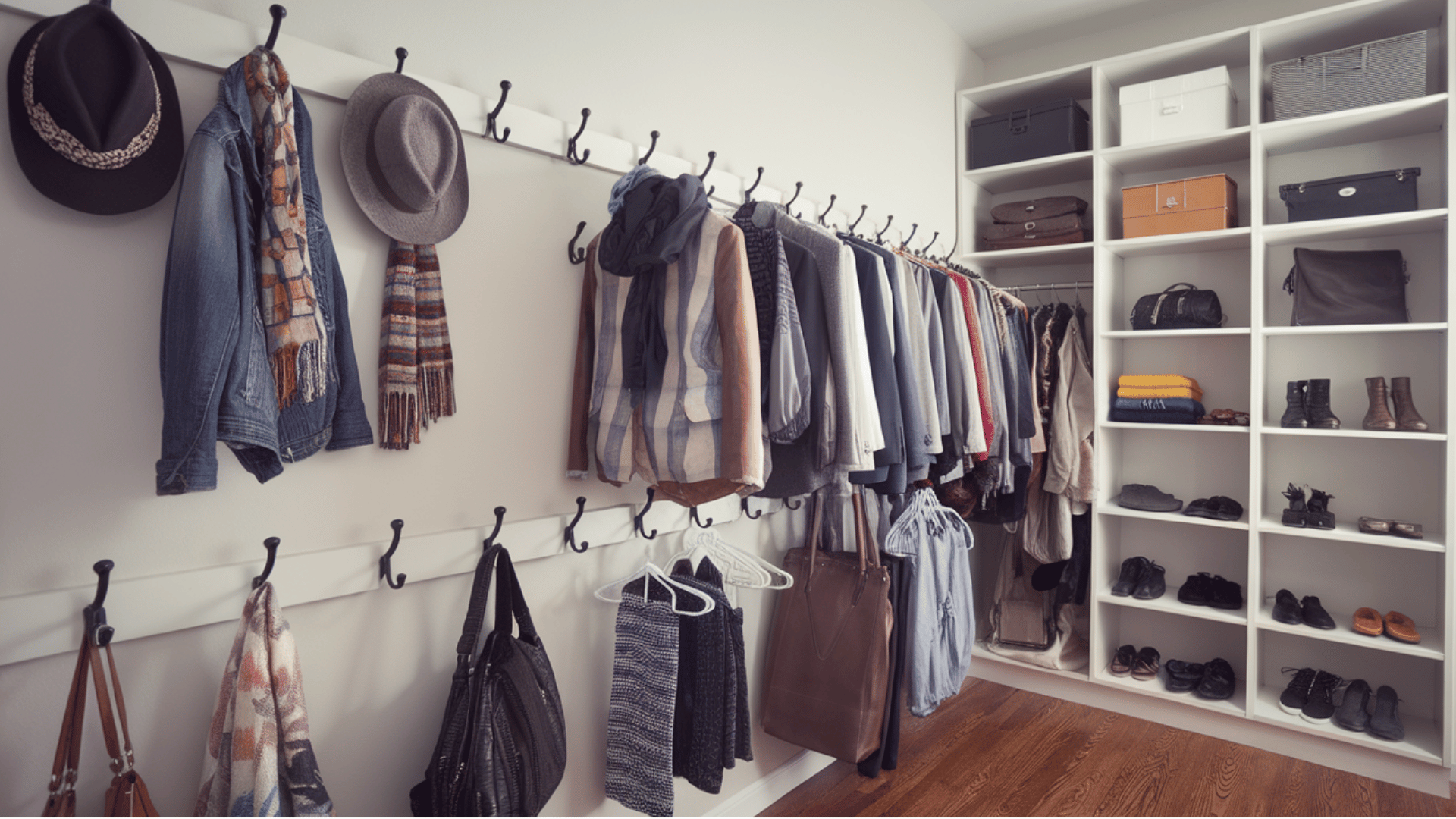 wall-mounted hooks in the closet for organizing in-between clothes that aren't ready for storage