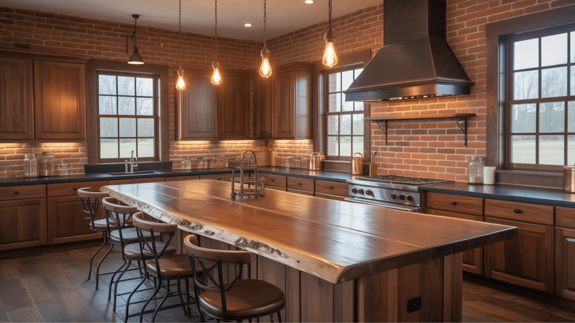 warm wood and brick kitchen with exposed brick accent wall and walnut cabinetry.