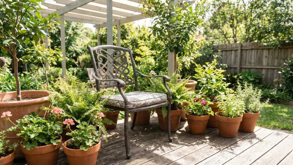 weather resistant metal outdoor chair on a sunny backyard deck surrounded by potted plants and greenery