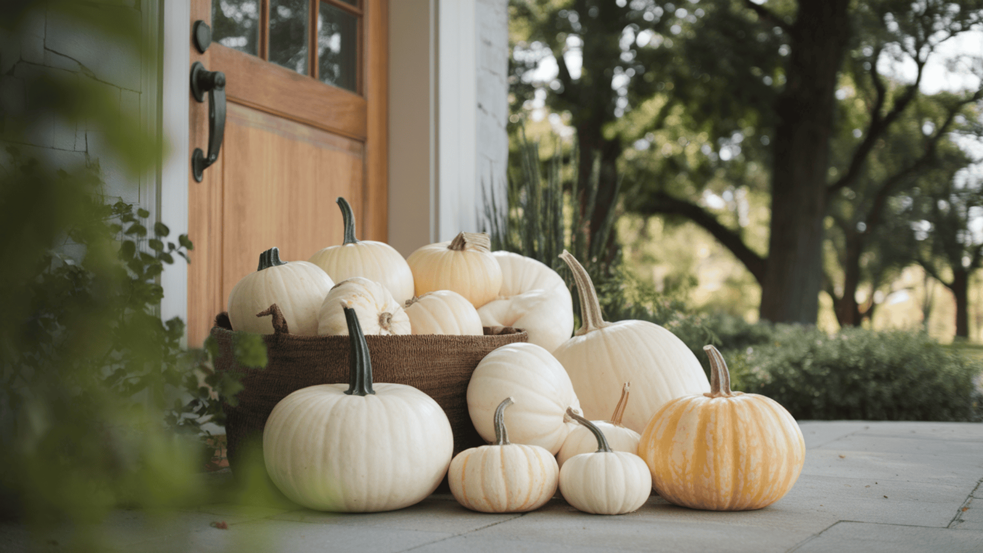 white and cream pumpkins clustered near a farmhouse front door for a calm fall display