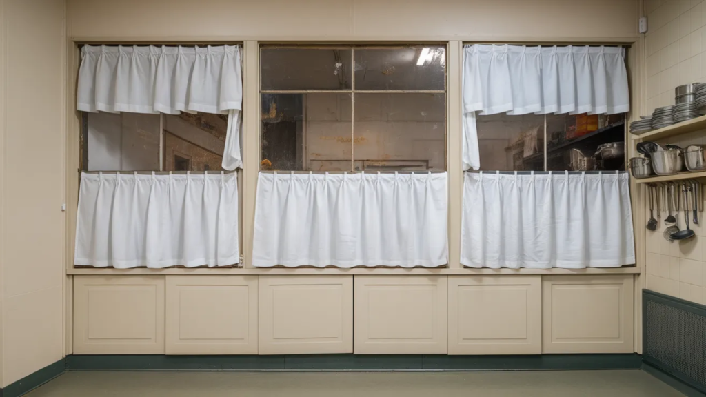 white kitchen curtains on a vintage window with visible dust and a glimpse of a rustic kitchen with metal utensils hanging nearby