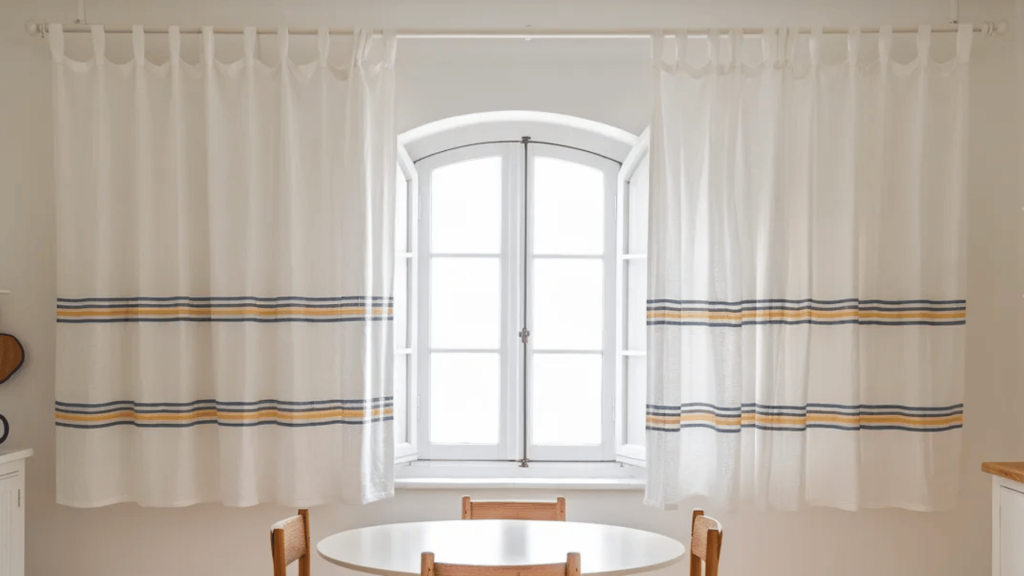 white kitchen curtains with colorful blue and yellow stripes, hung above a round table and wooden chairs in a bright, minimalistic space