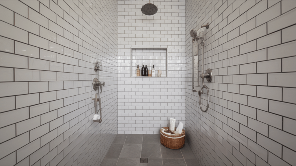 white subway tile walk-in shower with dual showerheads, recessed niche shelf, and dark gray tile floor.