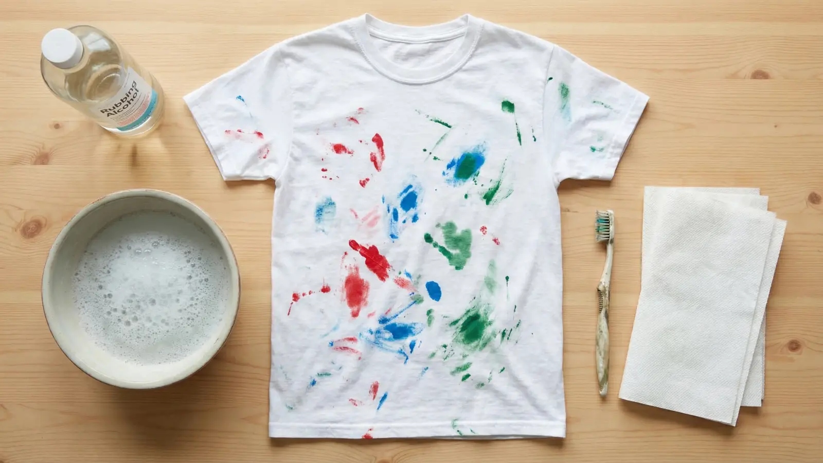 white+shirt+with+colorful+paint+stains+surrounded+by+cleaning+supplies+on+wooden+surface