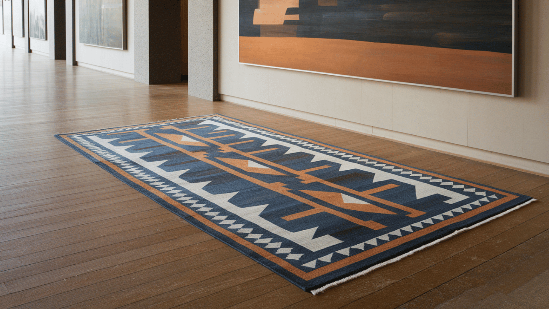 wide gallery-style runner rug placed in a spacious transitional corridor