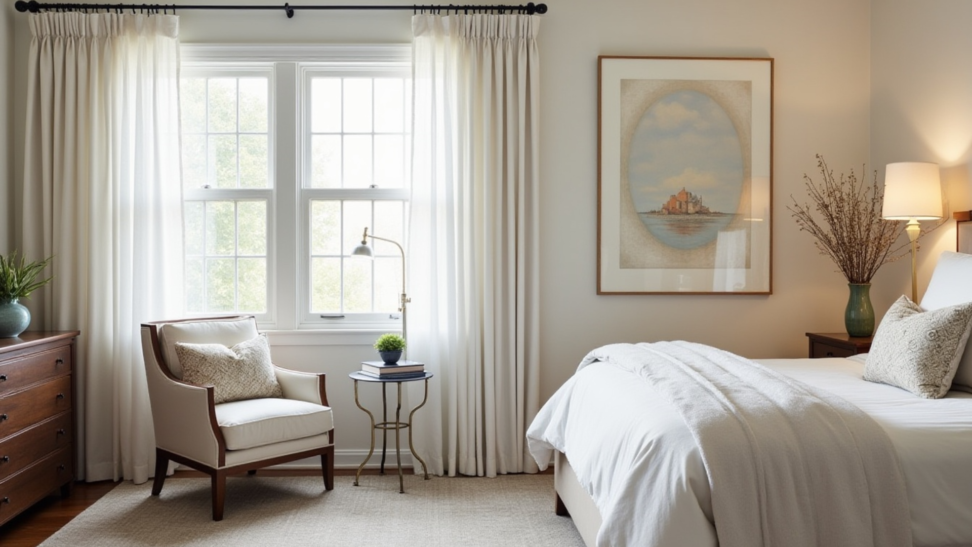 window side retreat featuring a cozy chair pulled close to a sunlit window with a lamp on a small side table