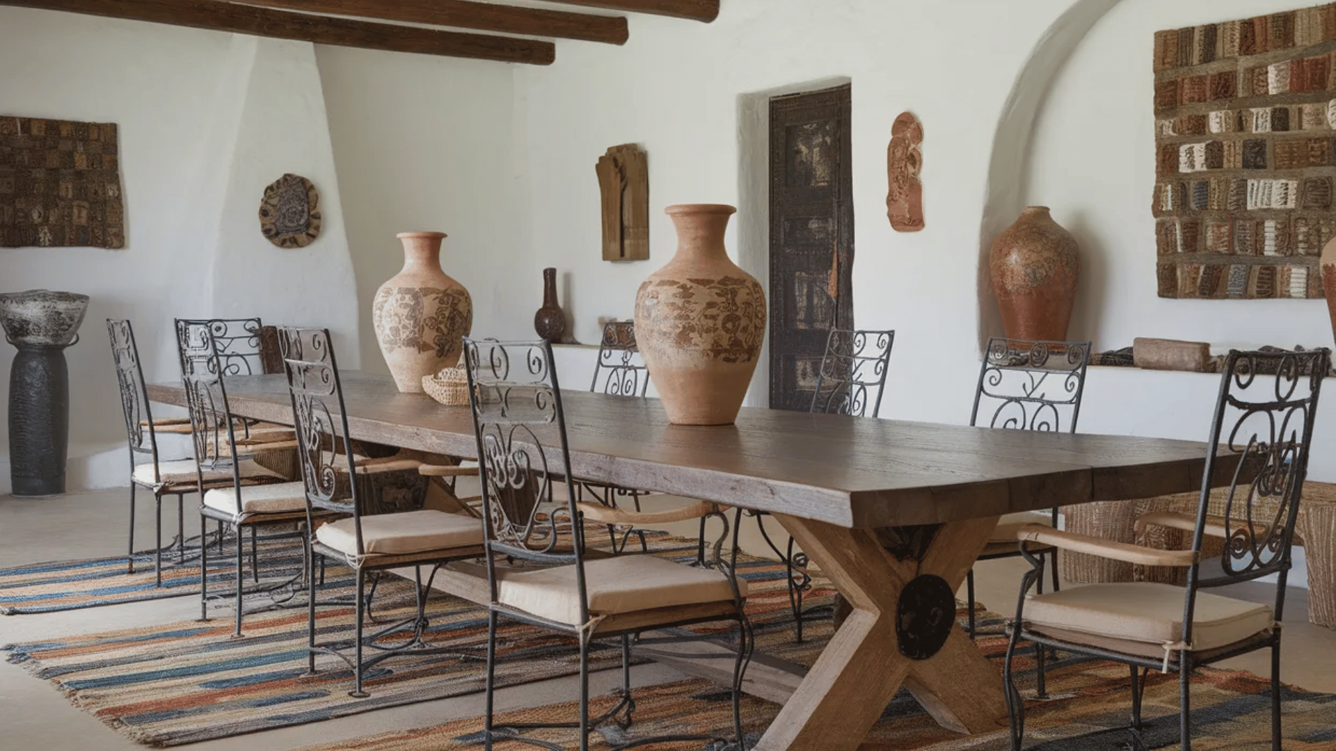 wood and iron dining chairs around a rustic wooden dining table
