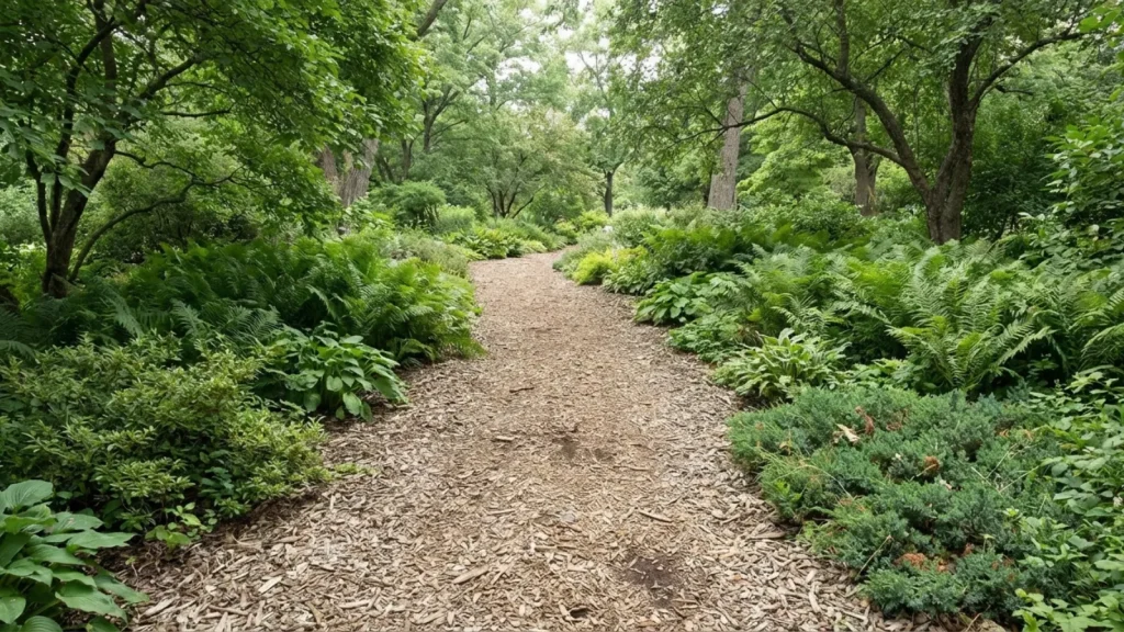 wood chip path in a shaded garden area with dense plantings on either side