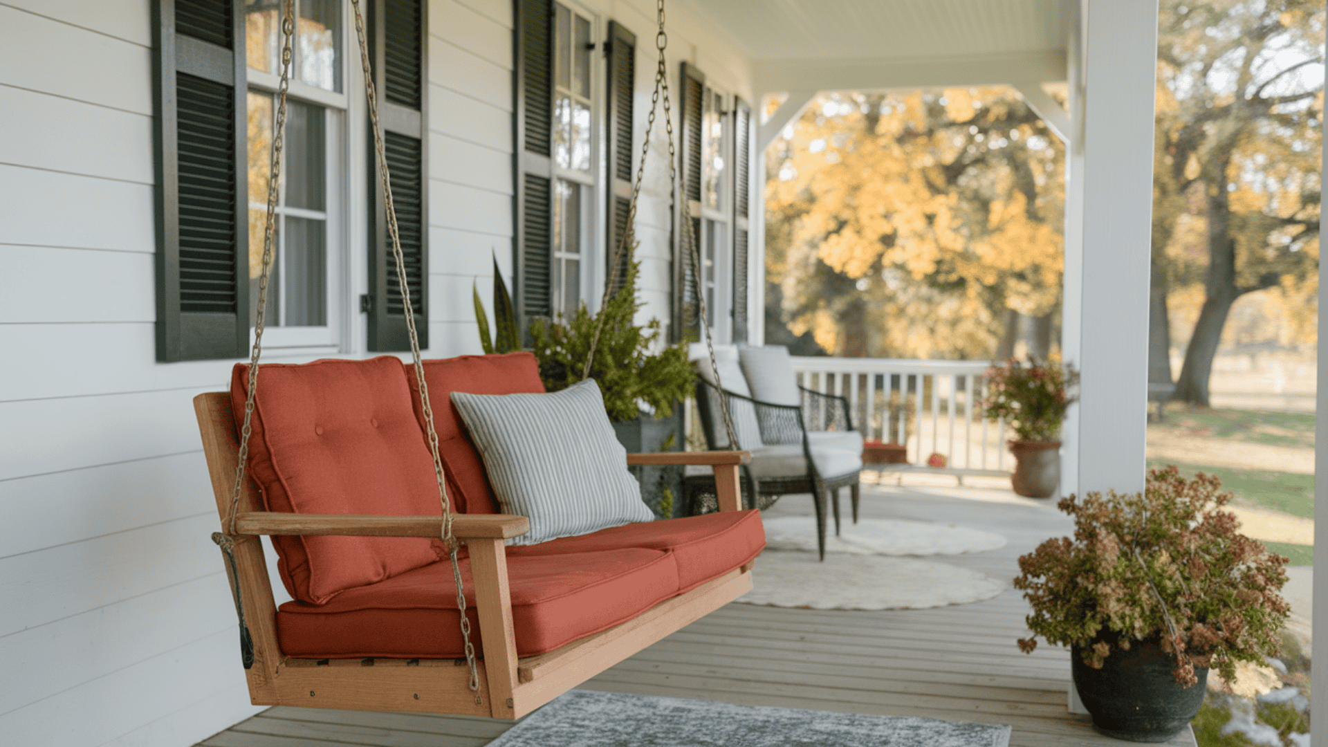 wooden farmhouse porch swing with simple solid rust canvas cushions on a warm fall afternoon