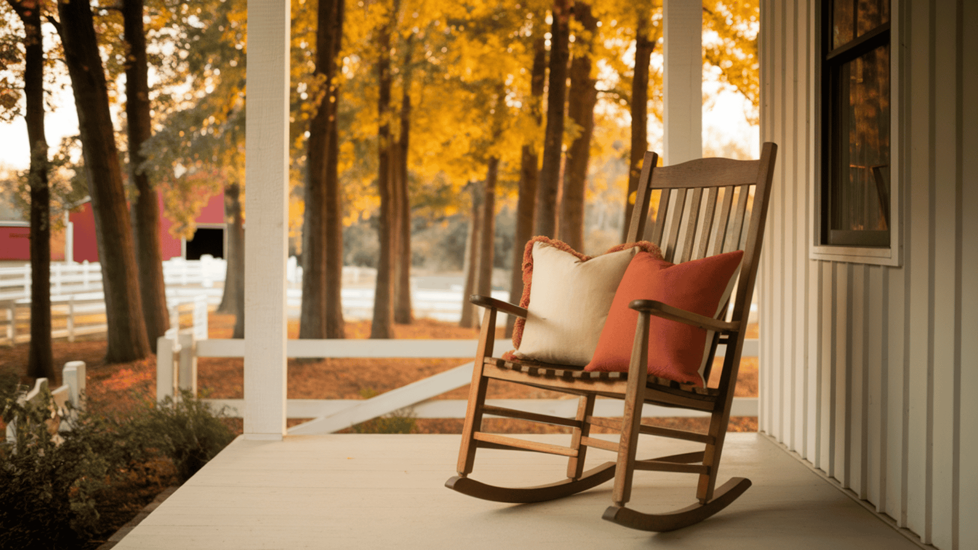 wooden rocking chair on a farmhouse porch styled with two rust and cream pillows for fall