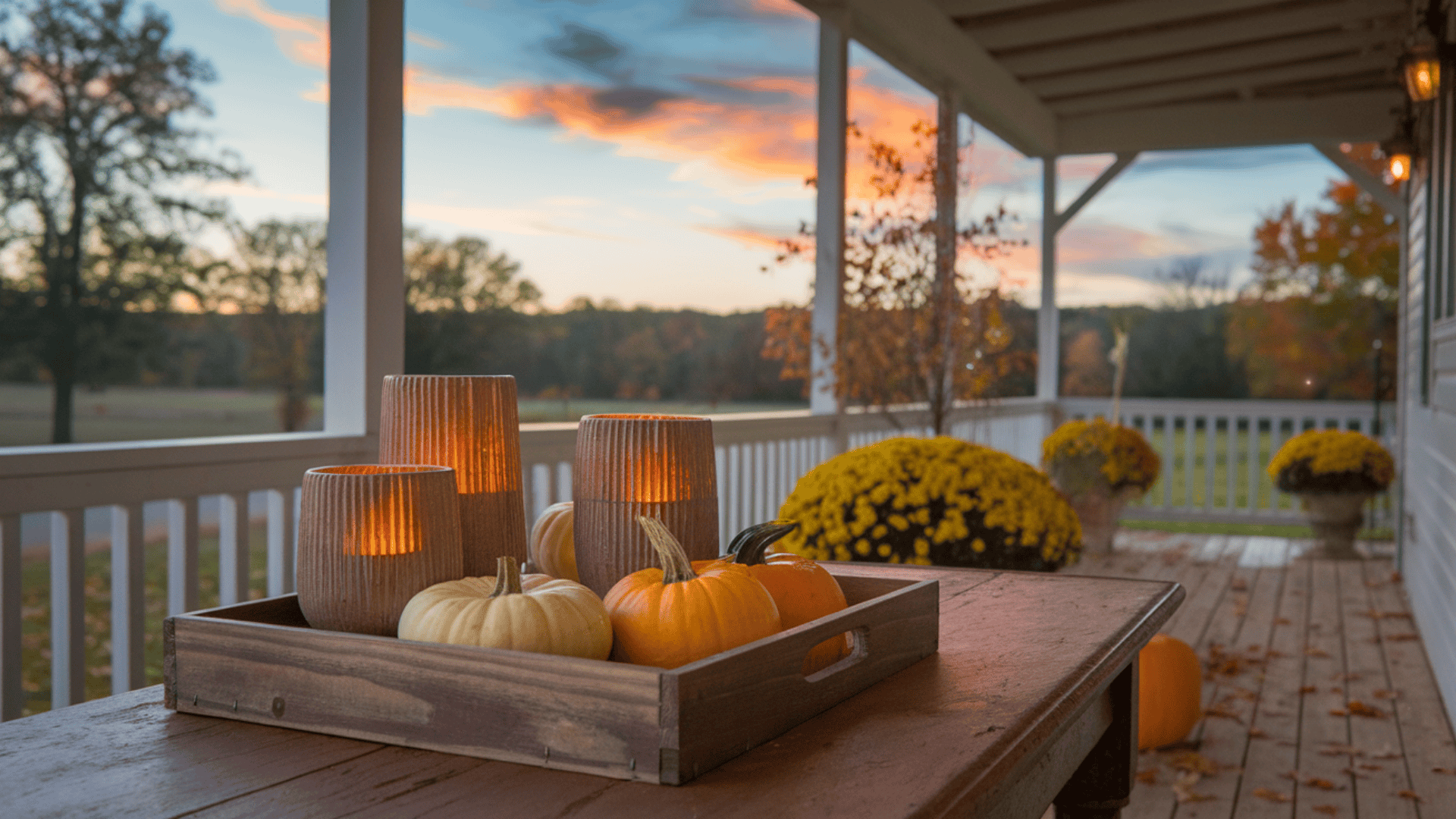 wooden tray with candle holders and small pumpkins repurposed as fall decor on a covered farmhouse porch
