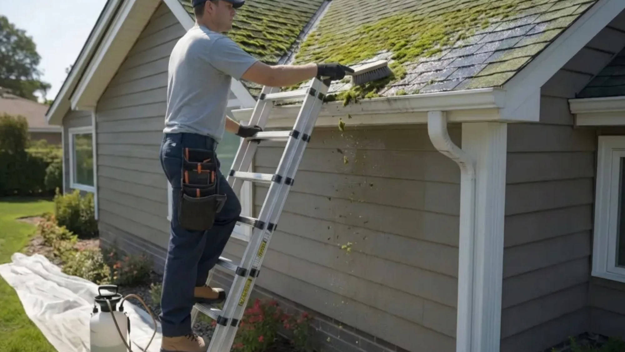 worker on a ladder uses a brush to remove moss from asphalt roof