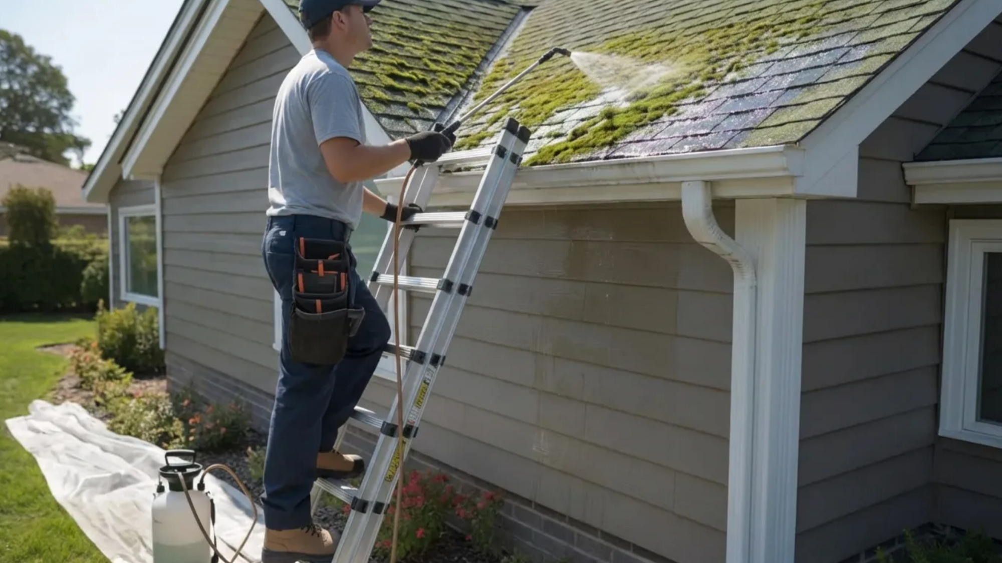 worker standing on a ladder sprays cleaning solution onto a moss covered shingle roof of a house, with protective plastic sheeting laid on the ground below