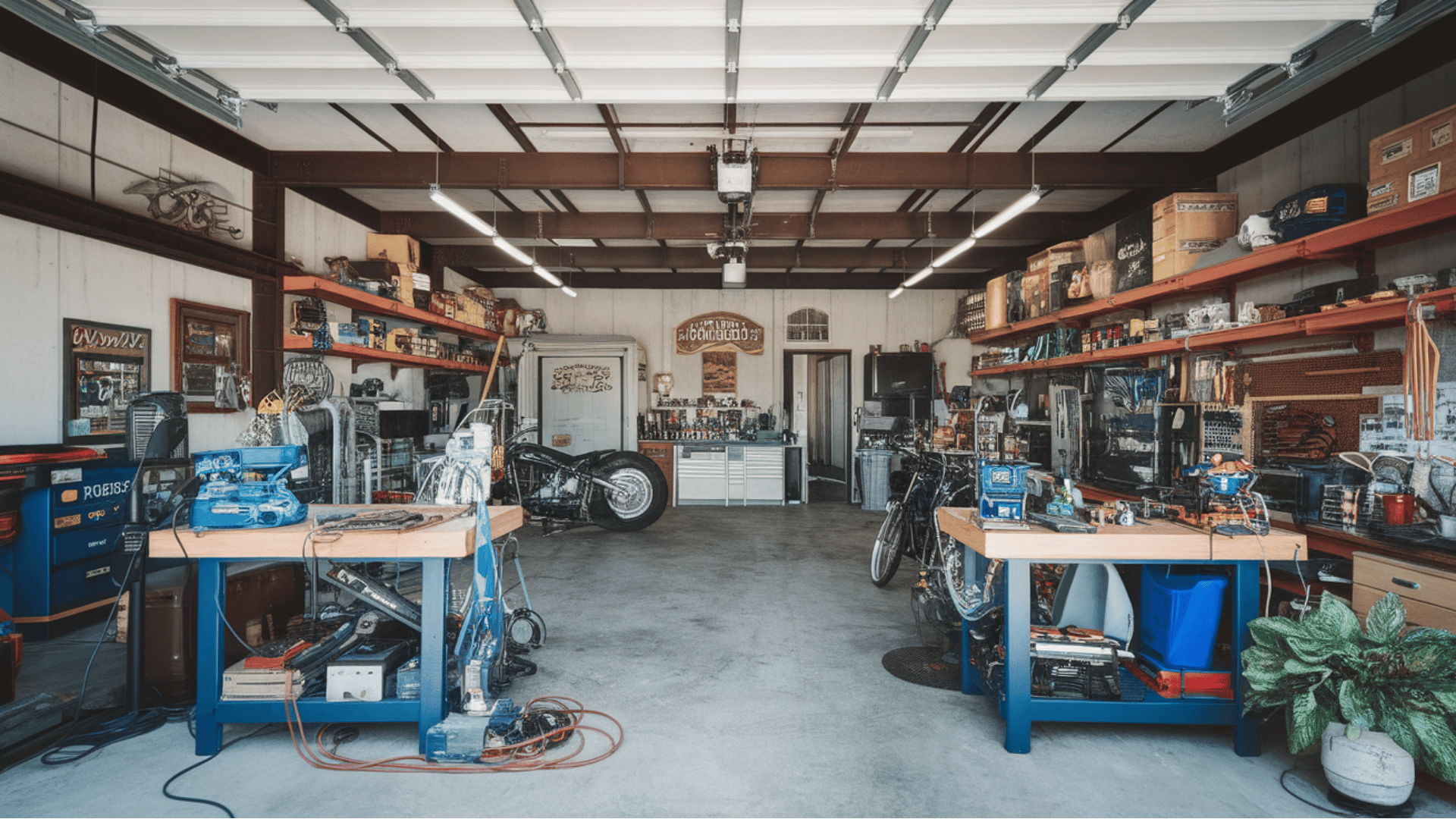 workshop-integrated garage with dedicated workbench and tools