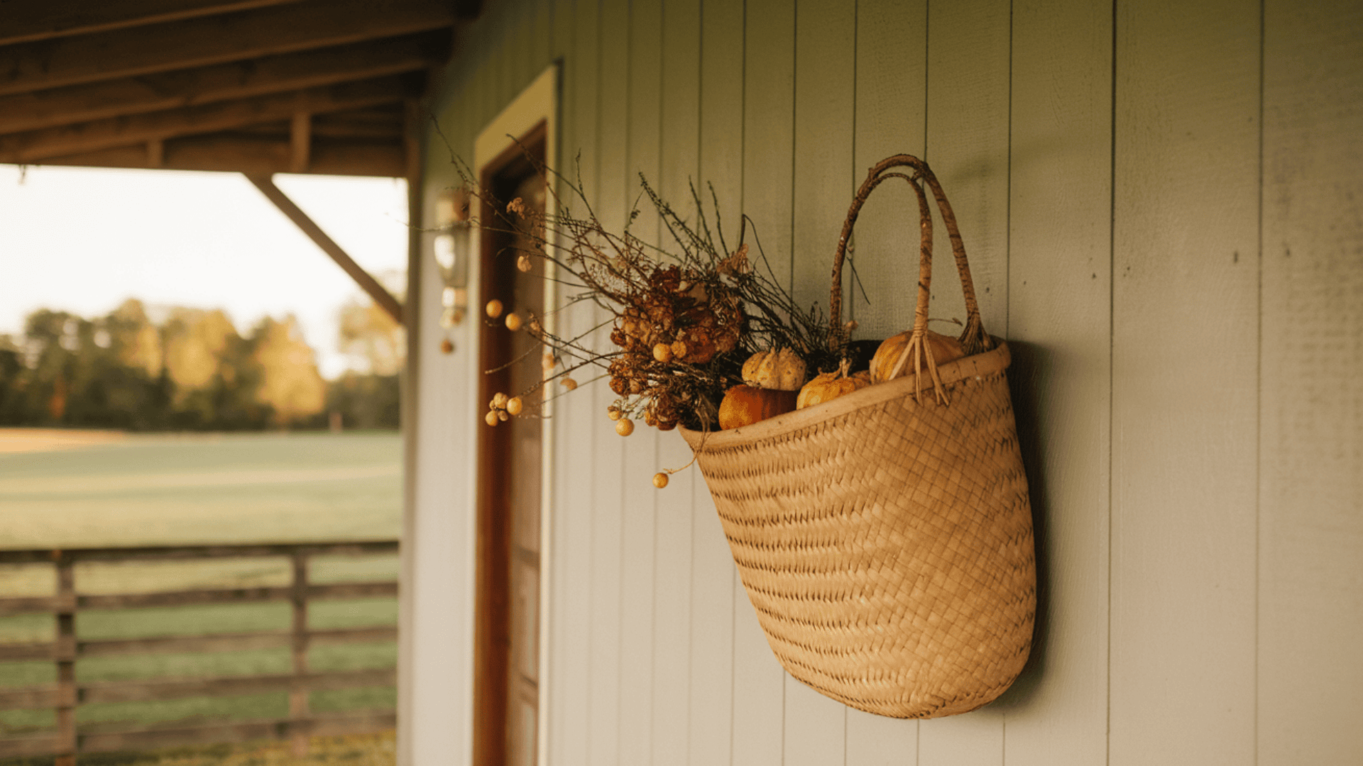 woven basket mounted on a farmhouse porch wall filled with dried fall stems and small gourds