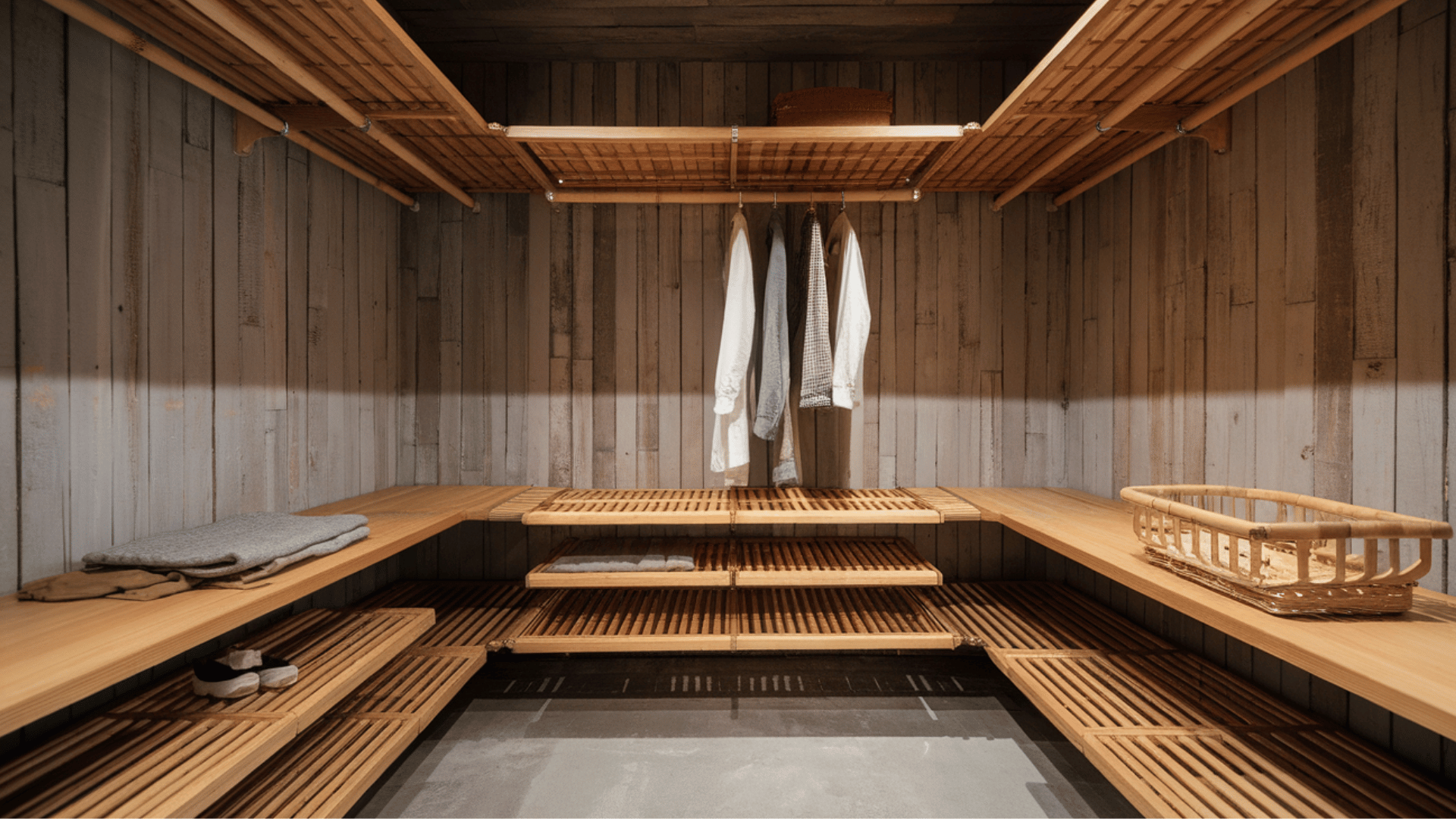 zen-inspired closet with bamboo materials and minimalist design to create a peaceful, serene space