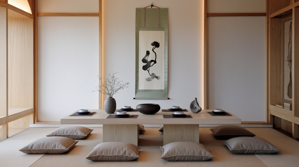 zen transional dining room with low cusion sitting area