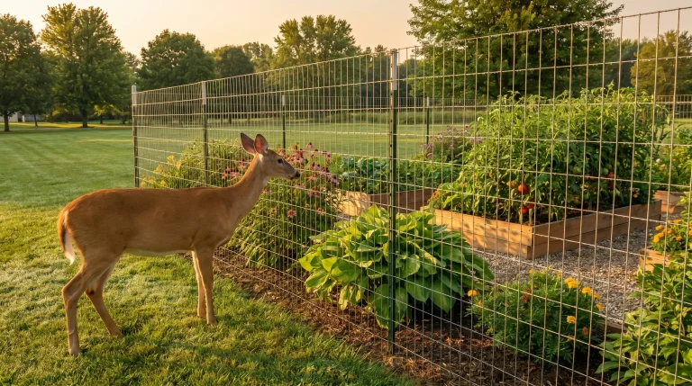Deer standing near metal fence overlooking a lush vegetable garden in sunny outdoor setting