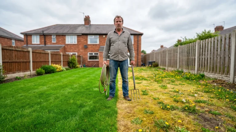 Man standing on lawn holding garden hose and pitchfork, divided into green and dry sections